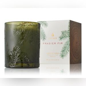 Thymes Frasier Fir Candle - Molded Green Glass Jar with Pine Needle Design 6.5oz